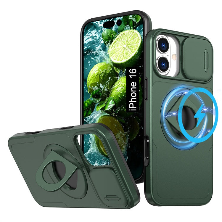 LuxuryKase Mag-Safe Shockproof Rugged Back Case with Finger Ring Kickstand & Sliding Camera Cover | Military Drop Protection | Wireless Charging Support For iPhone Series