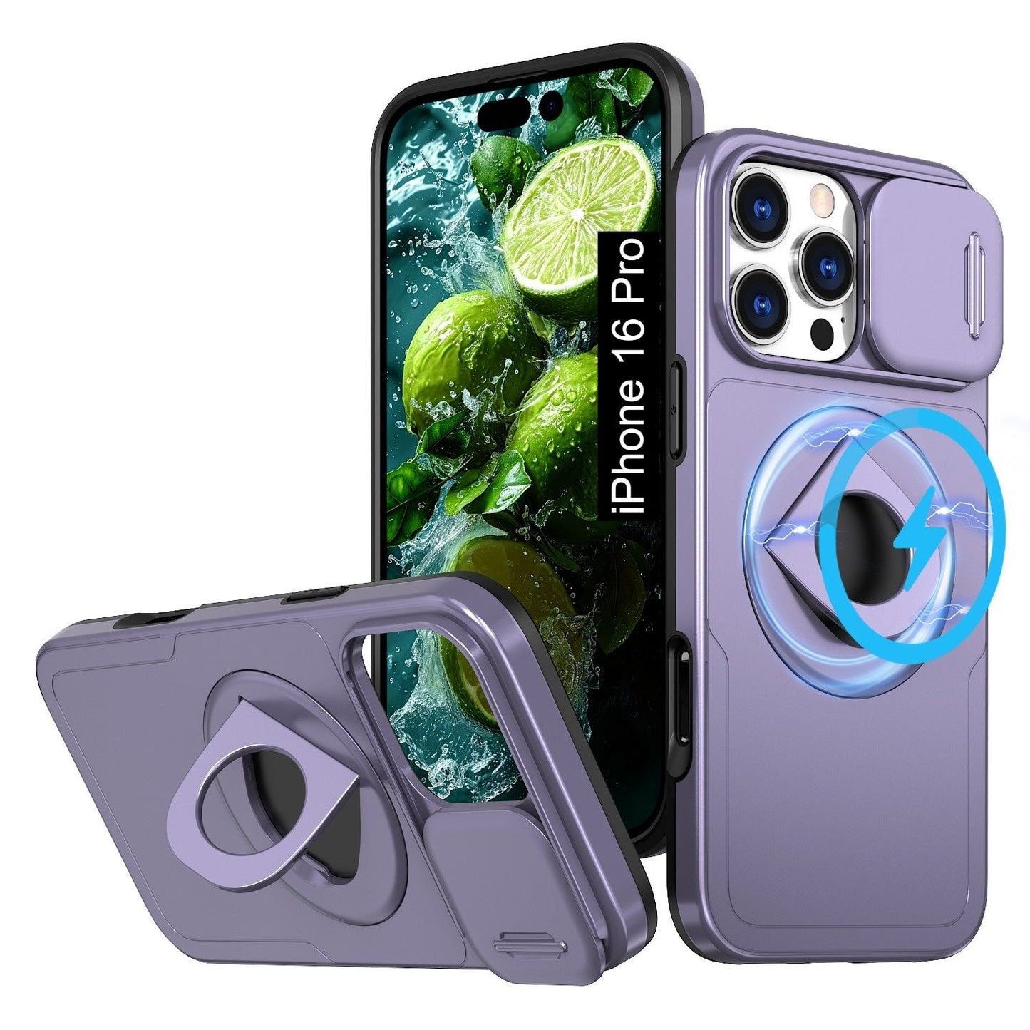 LuxuryKase Mag-Safe Shockproof Rugged Back Case with Finger Ring Kickstand & Sliding Camera Cover | Military Drop Protection | Wireless Charging Support For iPhone Series