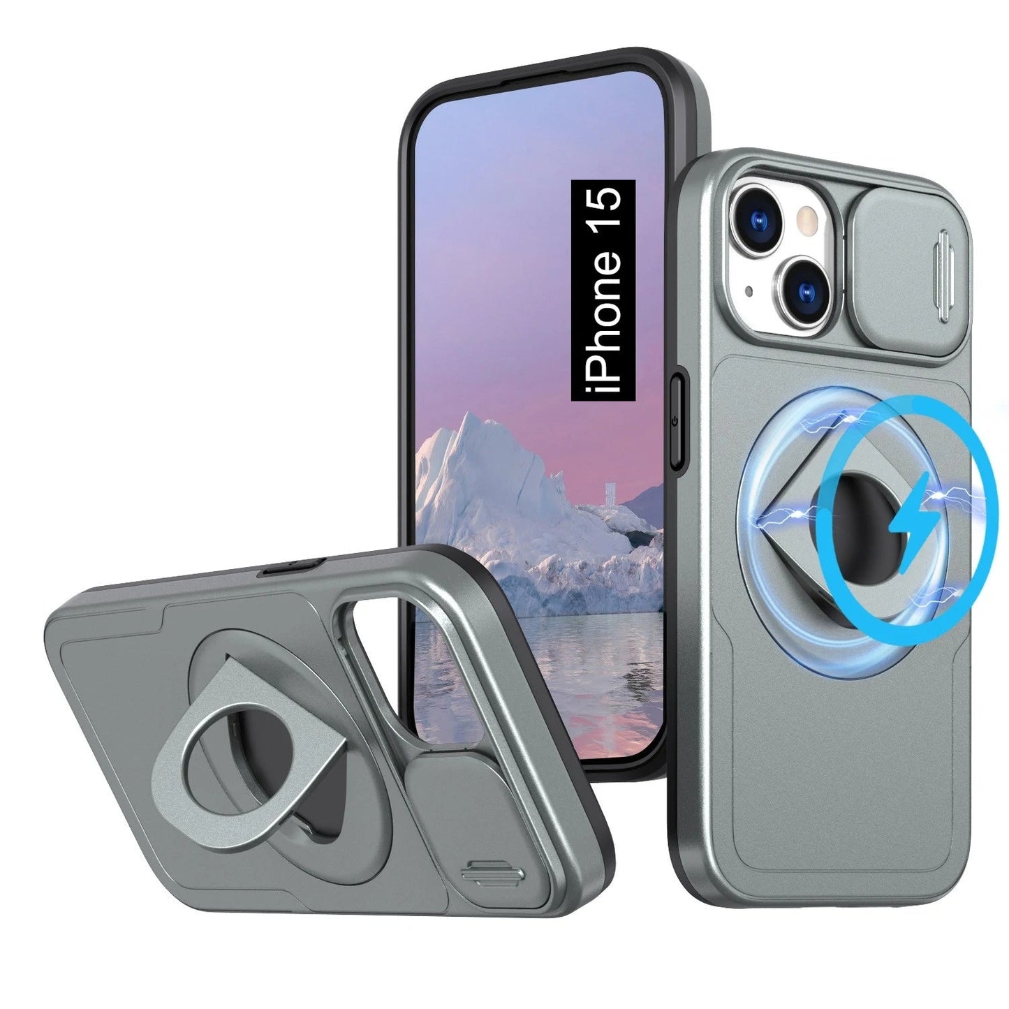 LuxuryKase Mag-Safe Shockproof Rugged Back Case with Finger Ring Kickstand & Sliding Camera Cover | Military Drop Protection | Wireless Charging Support For iPhone Series