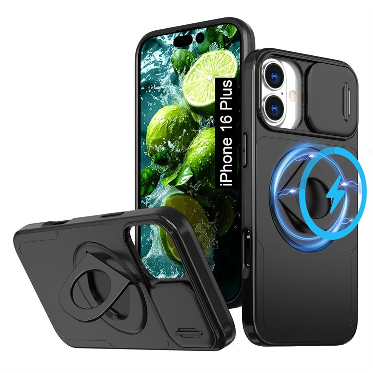 LuxuryKase Mag-Safe Shockproof Rugged Back Case with Finger Ring Kickstand & Sliding Camera Cover | Military Drop Protection | Wireless Charging Support For iPhone Series
