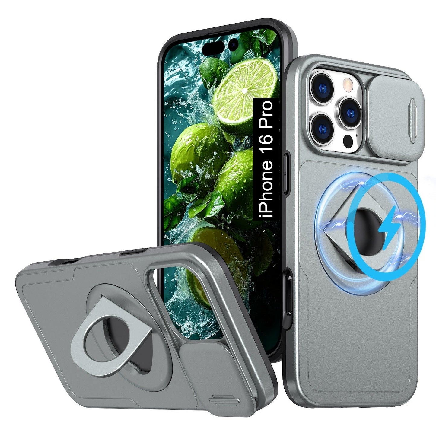 LuxuryKase Mag-Safe Shockproof Rugged Back Case with Finger Ring Kickstand & Sliding Camera Cover | Military Drop Protection | Wireless Charging Support For iPhone Series