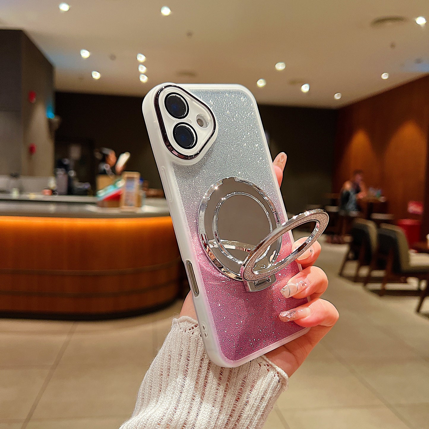 LuxuryKase LK161 Mirror Bracket Stand Holder Bling Glitter Mag-Safe Case Cover For iPhone