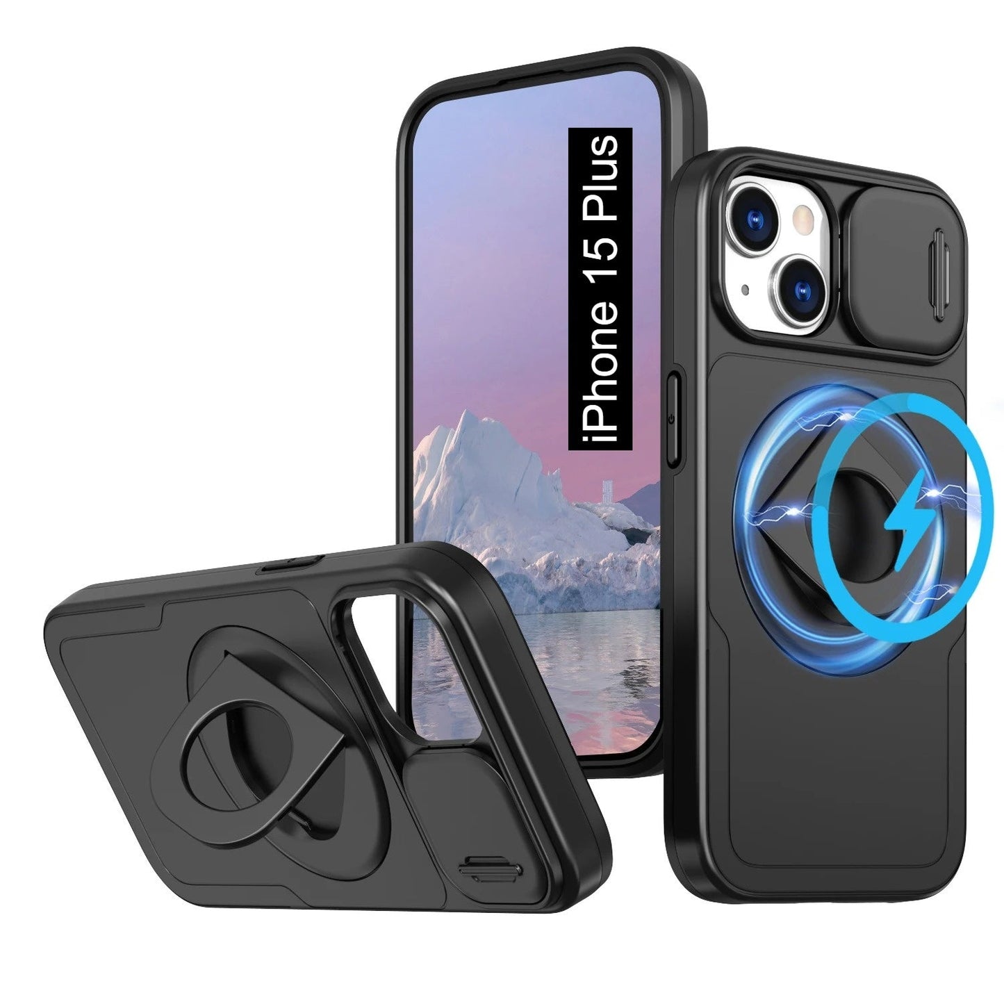 LuxuryKase Mag-Safe Shockproof Rugged Back Case with Finger Ring Kickstand & Sliding Camera Cover | Military Drop Protection | Wireless Charging Support For iPhone Series
