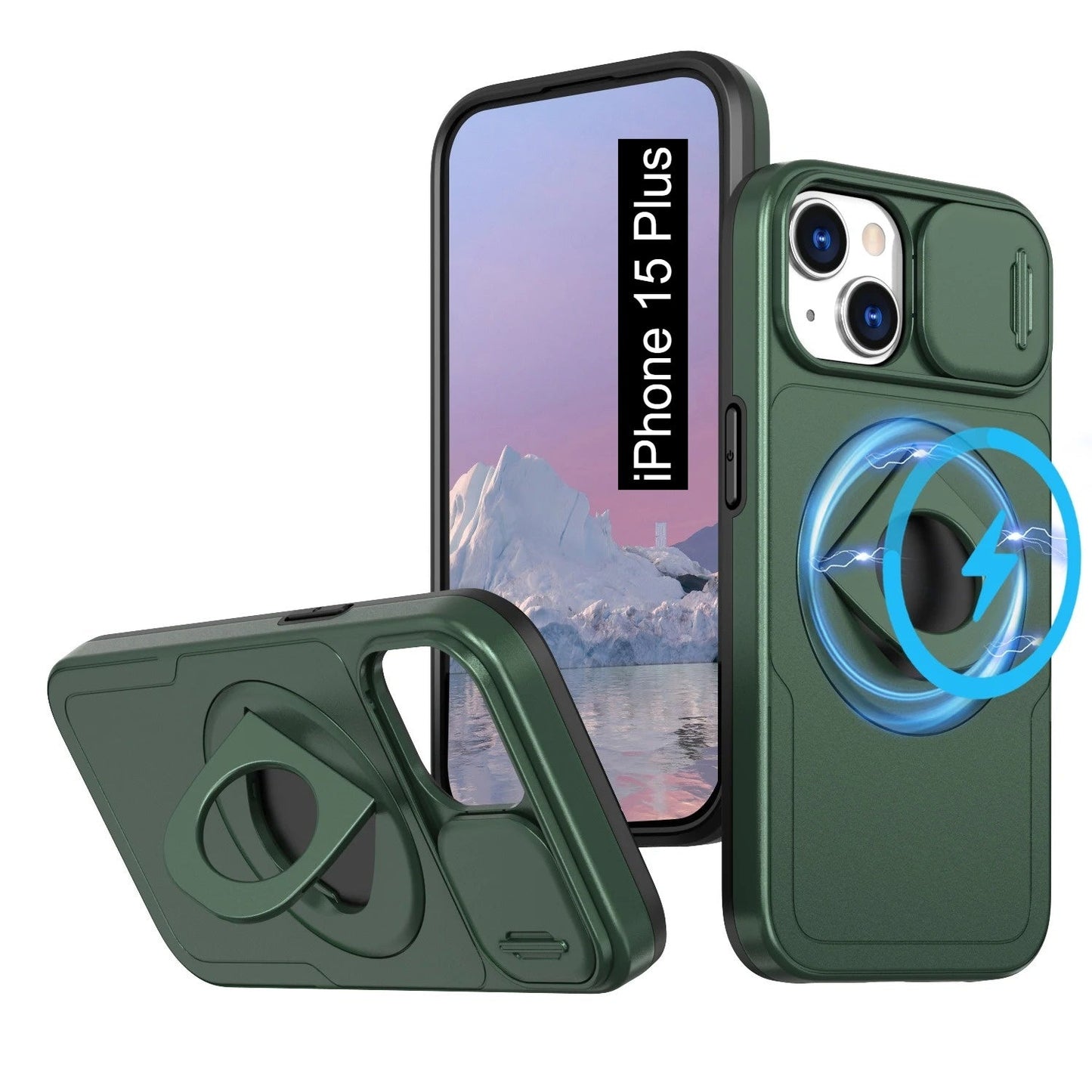 LuxuryKase Mag-Safe Shockproof Rugged Back Case with Finger Ring Kickstand & Sliding Camera Cover | Military Drop Protection | Wireless Charging Support For iPhone Series