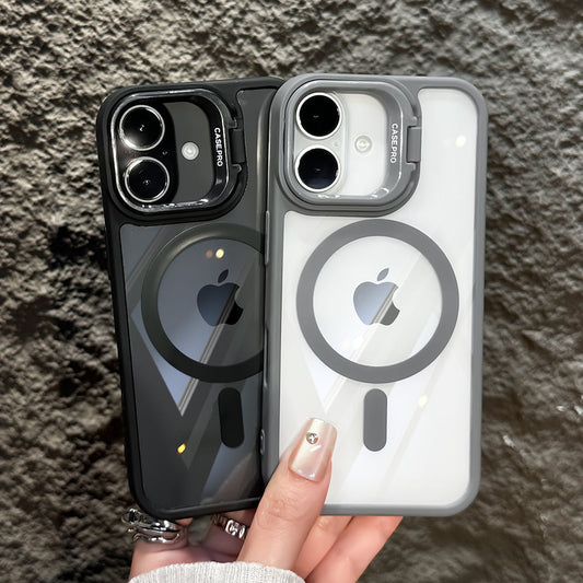 LuxuryKase Mag-Safe Shockproof Case for iPhone 16 with Rotating Camera Stand | Drop Protection | Transparent Hard Back Cover with Wireless Charging