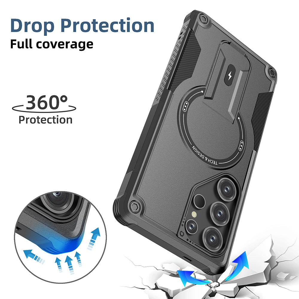 US LITE Back Cover with Portable Kickstand | Mag-Safe Compatible Magnetic Case | Shockproof Military Grade Protection | Rugged Armor Design Phone Cover For Samsung