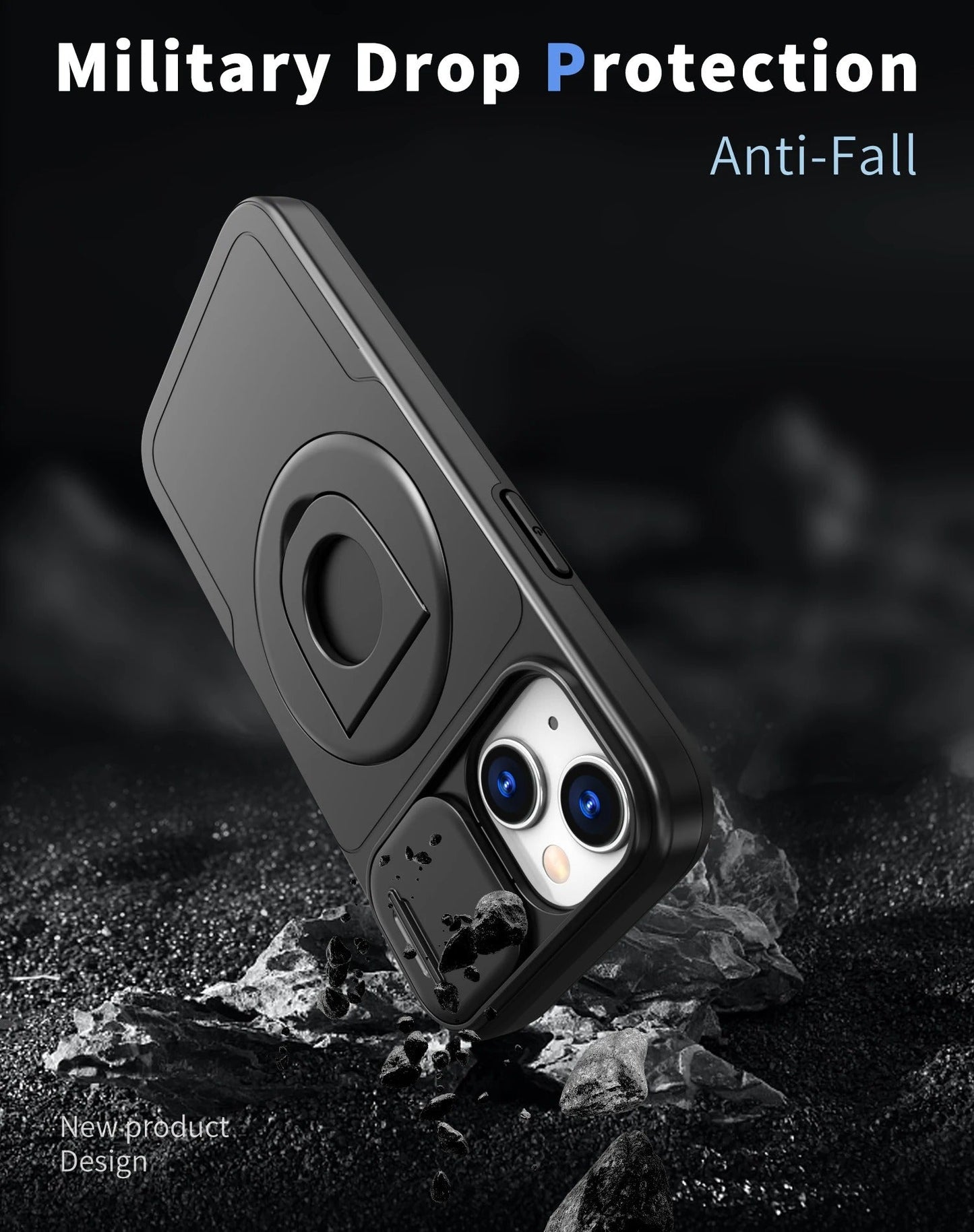 LuxuryKase Mag-Safe Shockproof Rugged Back Case with Finger Ring Kickstand & Sliding Camera Cover | Military Drop Protection | Wireless Charging Support For iPhone Series