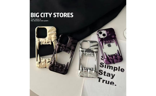 US LITE Shockproof Designer Metallic Chrome 3D Fangs Back Case | Anti-Scratch Grip | Full Camera Protection and Stylish Look For iPhone 14, 15 & 16 Series