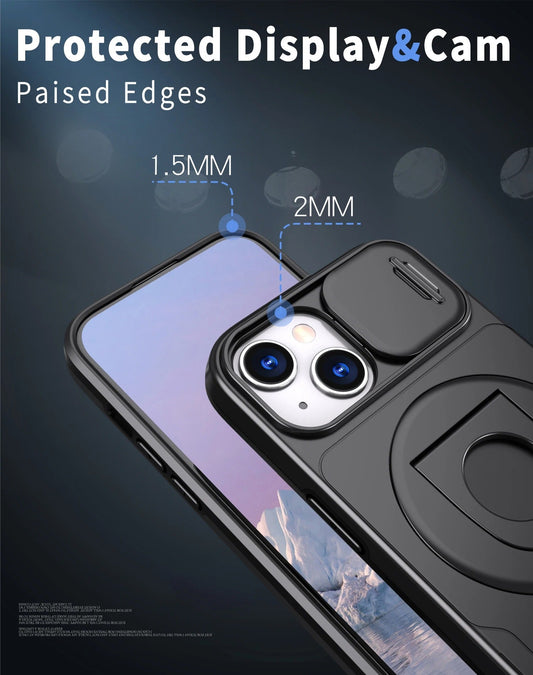 LuxuryKase Mag-Safe Shockproof Rugged Back Case with Finger Ring Kickstand & Sliding Camera Cover | Military Drop Protection | Wireless Charging Support For iPhone Series