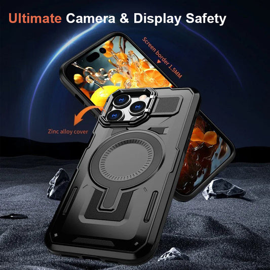 LuxuryKase Rugged Shockproof Magnetic Case with Kickstand | Dual Layer TPU+PC Protection | Mag-Safe Compatible | Camera Guard | Extreme Drop Resistance For iPhone Series