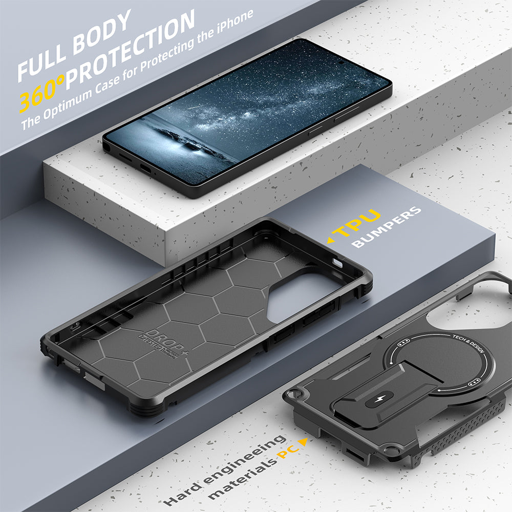 US LITE Back Cover with Portable Kickstand | Mag-Safe Compatible Magnetic Case | Shockproof Military Grade Protection | Rugged Armor Design Phone Cover For Samsung