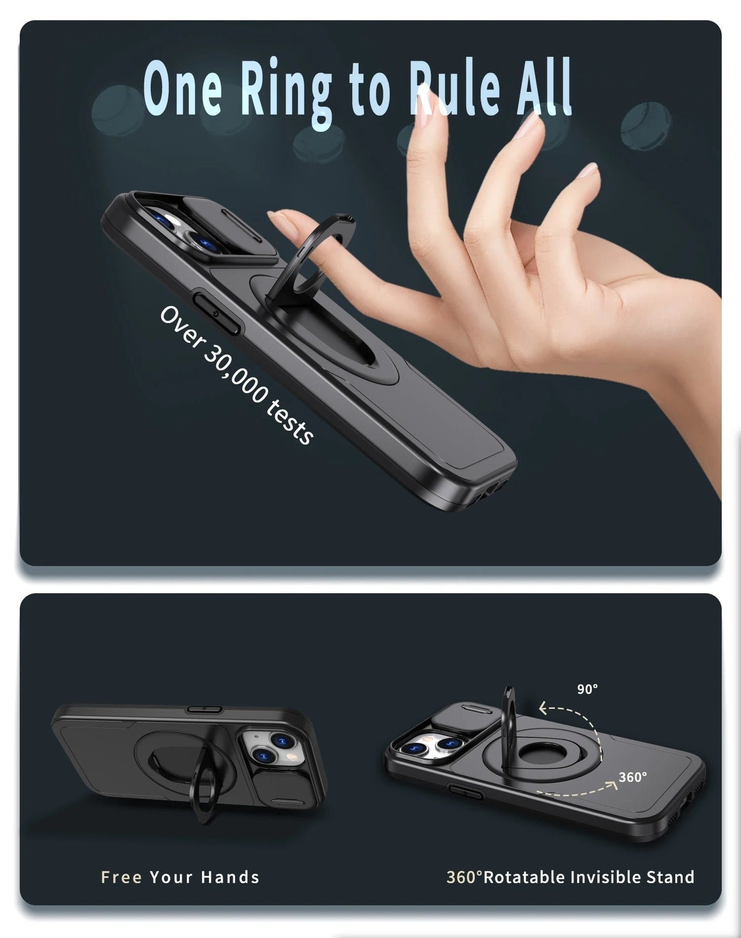 LuxuryKase Mag-Safe Shockproof Rugged Back Case with Finger Ring Kickstand & Sliding Camera Cover | Military Drop Protection | Wireless Charging Support For iPhone Series