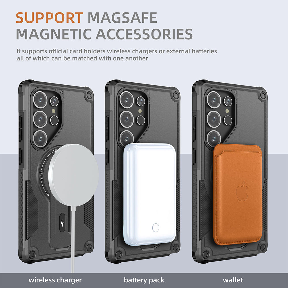 US LITE Back Cover with Portable Kickstand | Mag-Safe Compatible Magnetic Case | Shockproof Military Grade Protection | Rugged Armor Design Phone Cover For Samsung