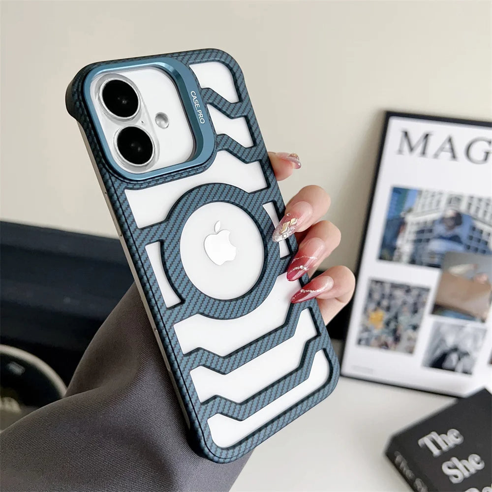 LuxuryKase LK172 Carbon Fiber Texture Magnetic Mag-Safe Lens Holder Frameless Case Cover For iPhone