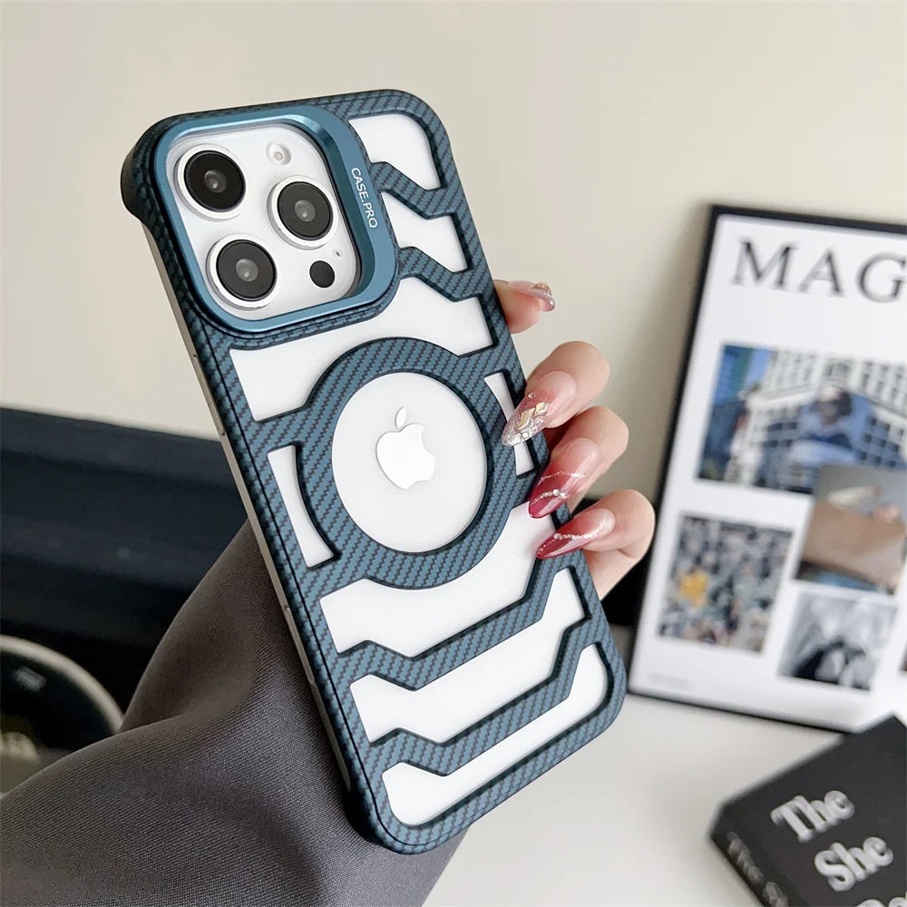 LuxuryKase LK172 Carbon Fiber Texture Magnetic Mag-Safe Lens Holder Frameless Case Cover For iPhone