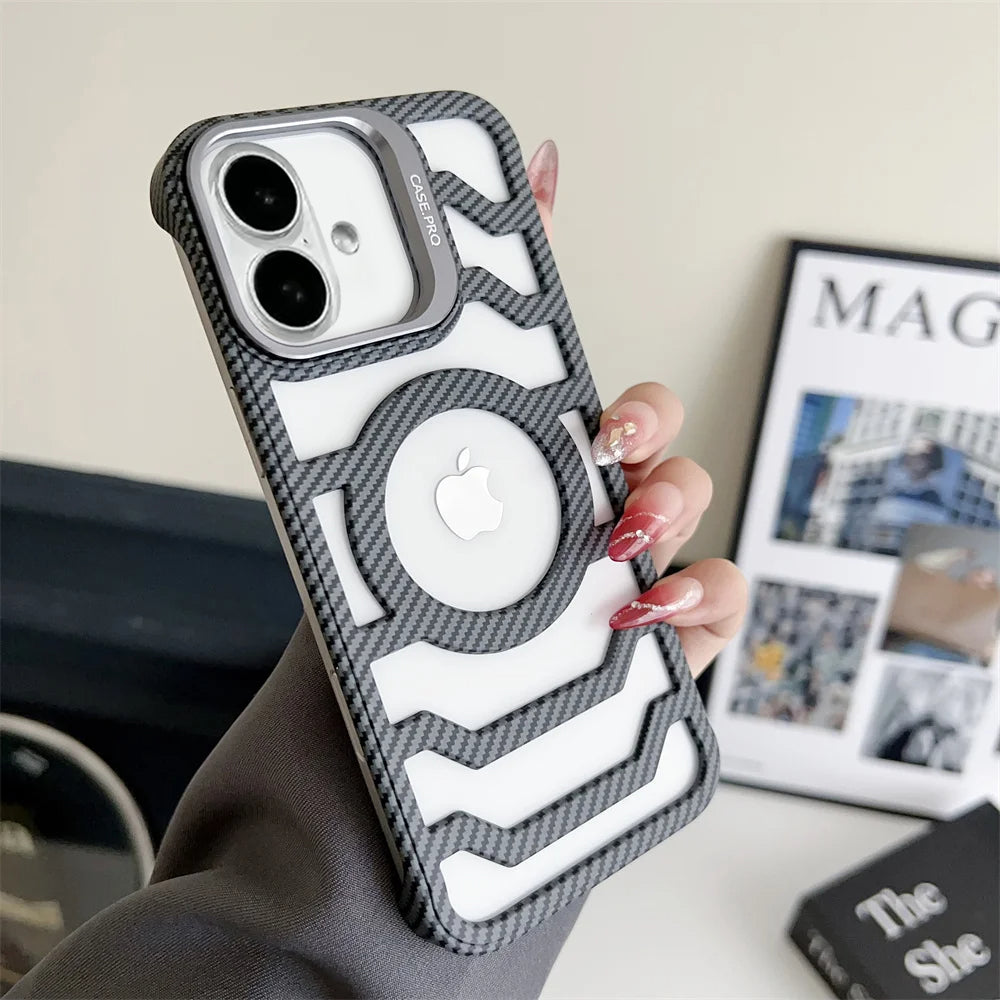LuxuryKase LK172 Carbon Fiber Texture Magnetic Mag-Safe Lens Holder Frameless Case Cover For iPhone