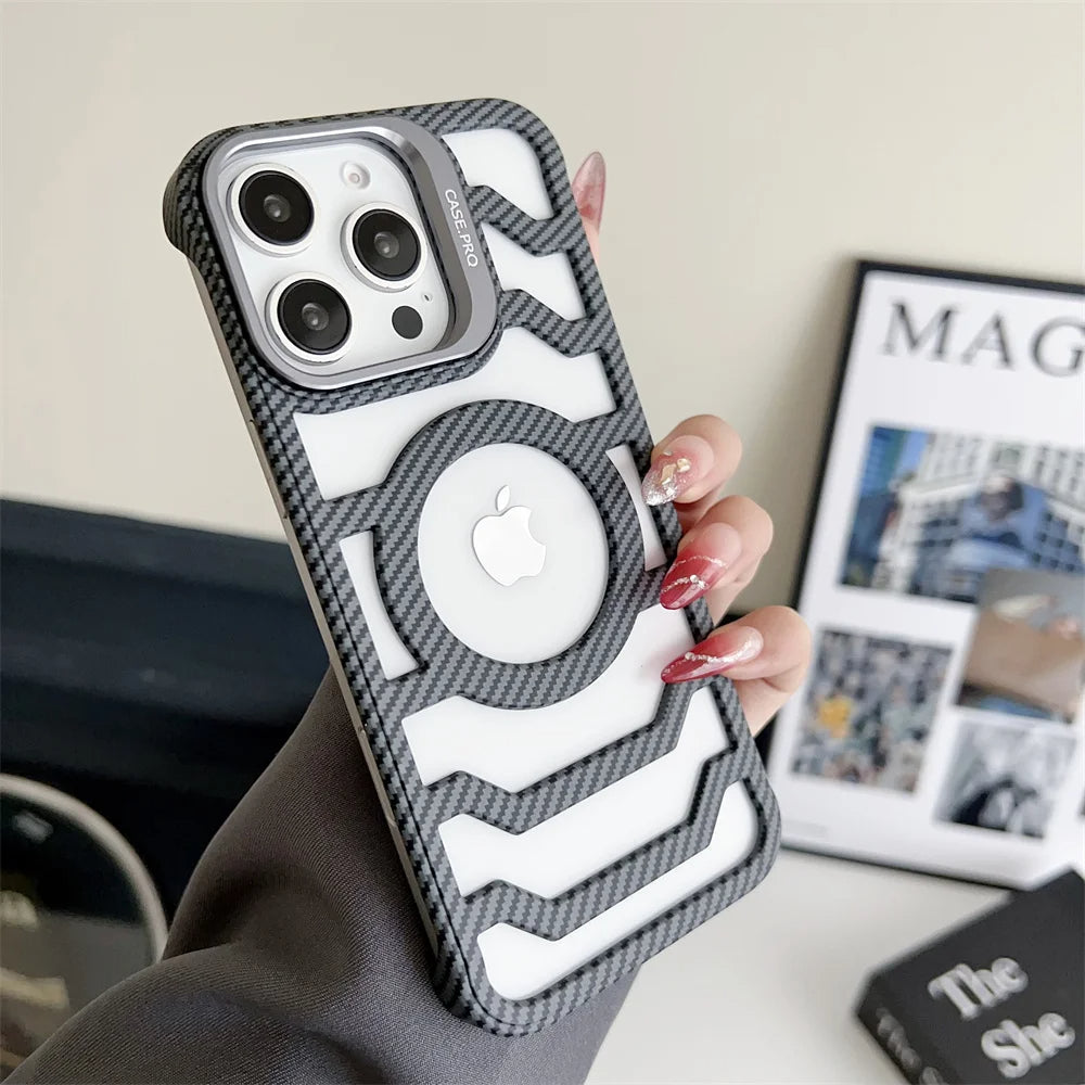 LuxuryKase LK172 Carbon Fiber Texture Magnetic Mag-Safe Lens Holder Frameless Case Cover For iPhone
