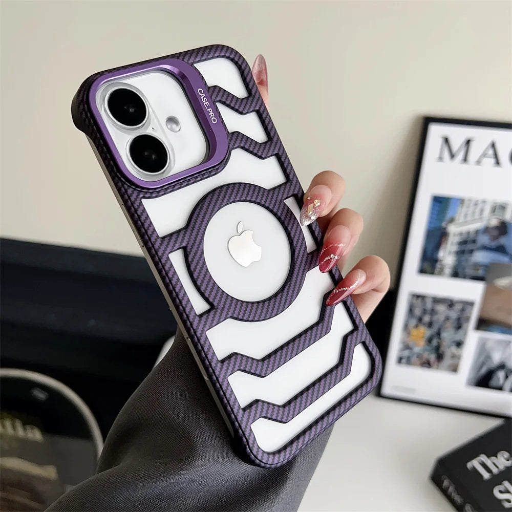 LuxuryKase LK172 Carbon Fiber Texture Magnetic Mag-Safe Lens Holder Frameless Case Cover For iPhone