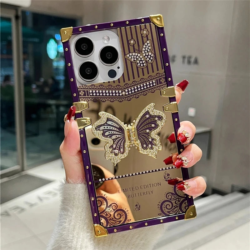 LuxuryKase LK162 Elegant Butterfly Stand Back Mirror Case Cover For iPhone