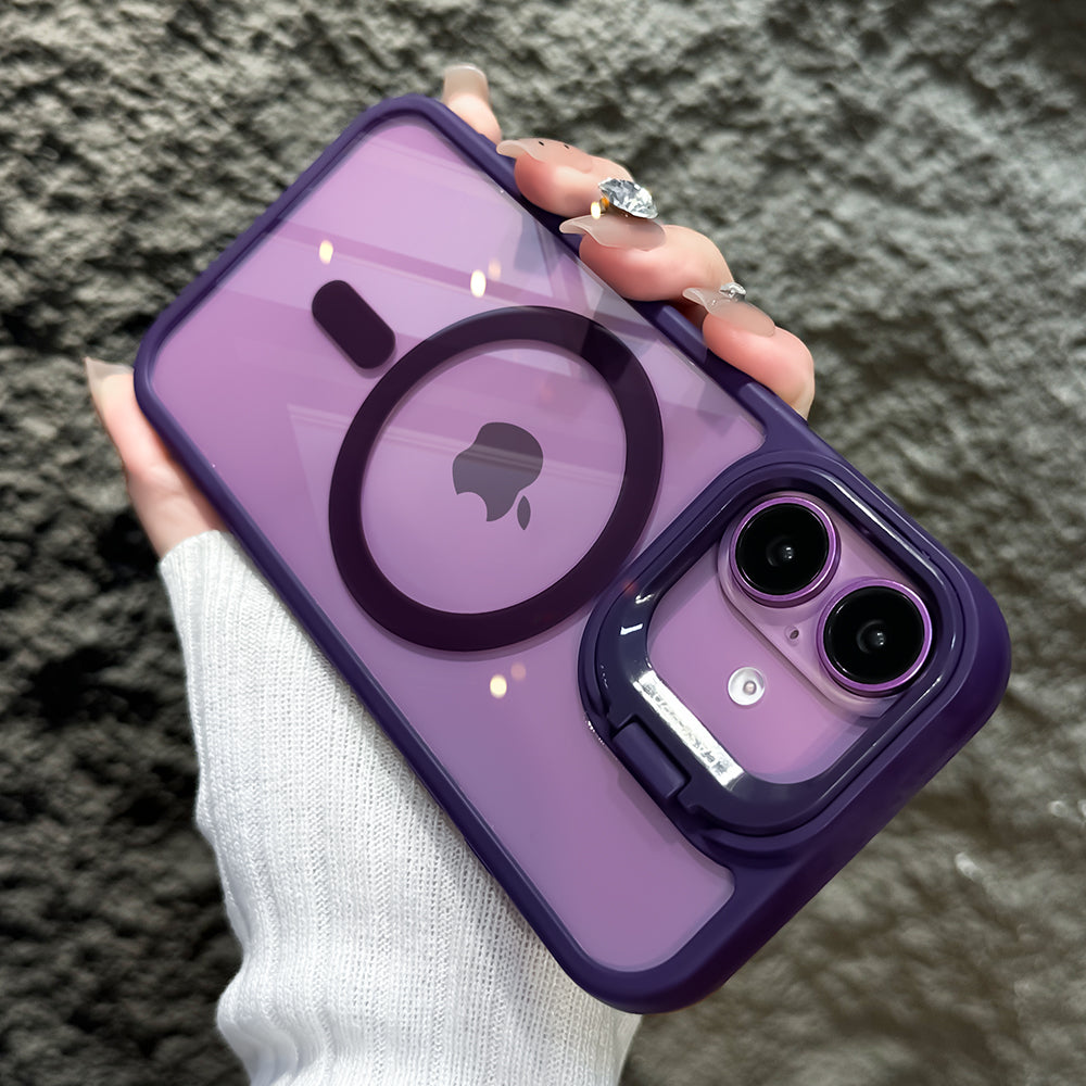 LuxuryKase Mag-Safe Shockproof Case for iPhone 16 with Rotating Camera Stand | Drop Protection | Transparent Hard Back Cover with Wireless Charging