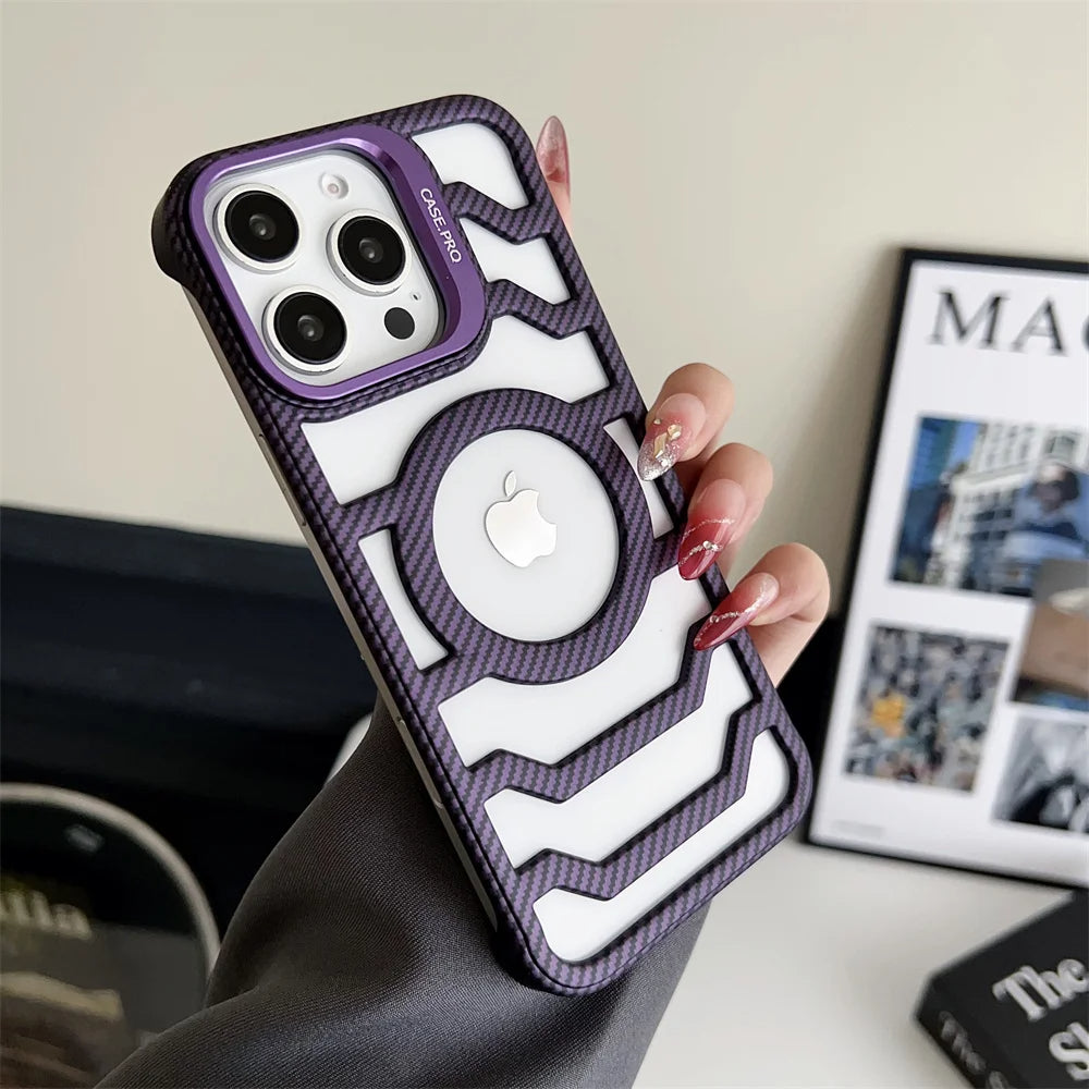 LuxuryKase LK172 Carbon Fiber Texture Magnetic Mag-Safe Lens Holder Frameless Case Cover For iPhone
