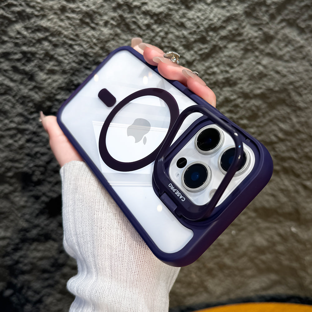LuxuryKase Mag-Safe Shockproof Case for iPhone 16 Pro with Rotating Camera Stand | Drop Protection | Transparent Hard Back Cover with Wireless Charging