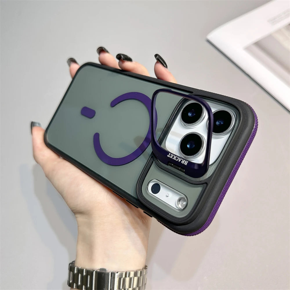 LuxuryKase Smoked Clear Mag-Safe Case | Metal Camera Guard Kickstand | Rugged Grip Edge | Hard PC Back + TPU | Wireless Charging Support For iPhone & Samsung Series