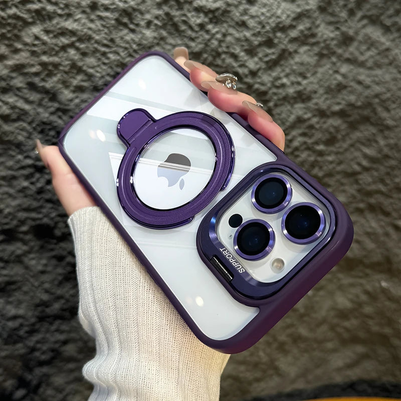 LuxuryKase Magnetic Clear Case | Metal Ring Stand | Camera Lens Protector Rings | Shockproof Hard PC Back | Mag-Safe Compatible | TPU Bumper For iPhone & Samsung Series