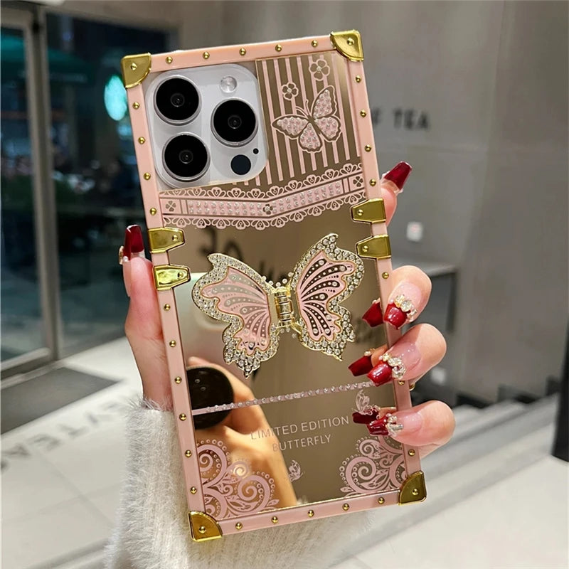 LuxuryKase LK162 Elegant Butterfly Stand Back Mirror Case Cover For iPhone