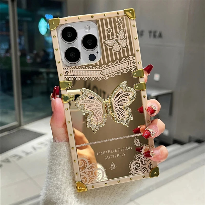 LuxuryKase LK162 Elegant Butterfly Stand Back Mirror Case Cover For iPhone