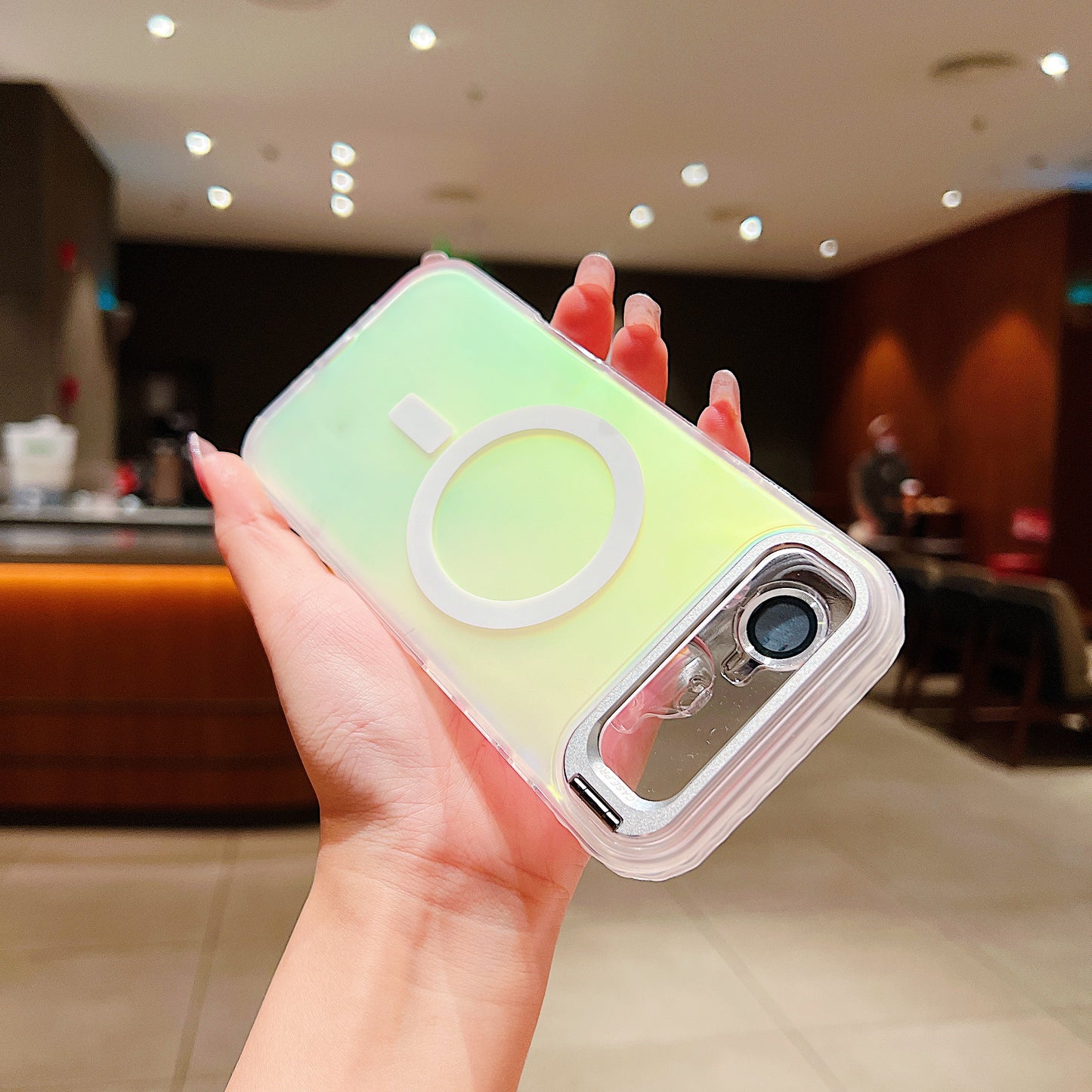 LuxuryKase LK169 Laser Gradient Lens Holder Stand Mag-Safe Case Cover For iPhone 16 & 17 Series