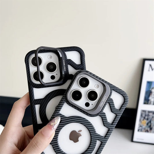 LuxuryKase LK172 Carbon Fiber Texture Magnetic Mag-Safe Lens Holder Frameless Case Cover For iPhone