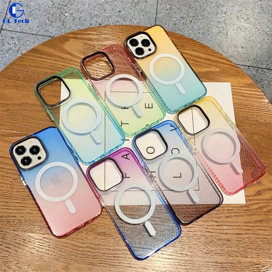LuxuryKase LK080 Fashion Gradient Color Honeycomb Texture Soft Clear Case Compatible Mag-Safe Wireless Charging for iPhone