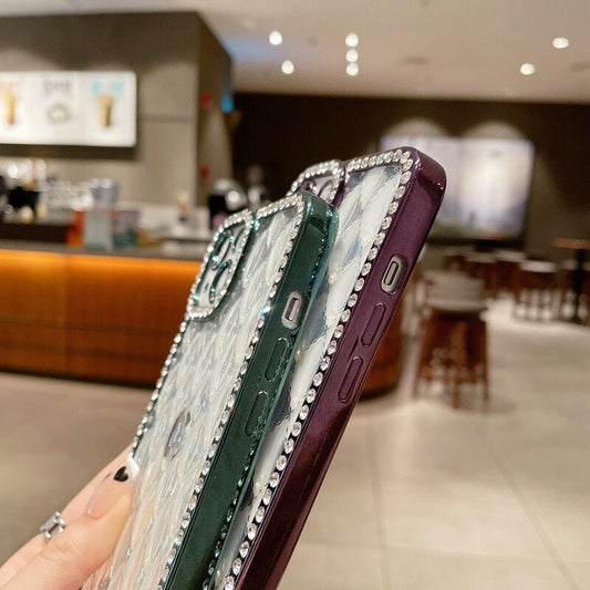 LuxuryKase Lingge Bling Glitter Bumper Transparent Shockproof Soft Case Cover For Iphone