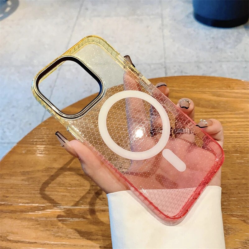 LuxuryKase LK080 Fashion Gradient Color Honeycomb Texture Soft Clear Case Compatible Mag-Safe Wireless Charging for iPhone