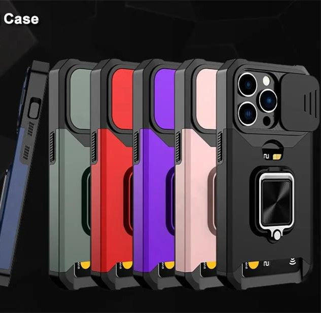 LuxuryKase LK177 Camera Slide Protection Card Holder Heavy Protective Ring Magnetic Kickstand Armor Case Cover For iPhone