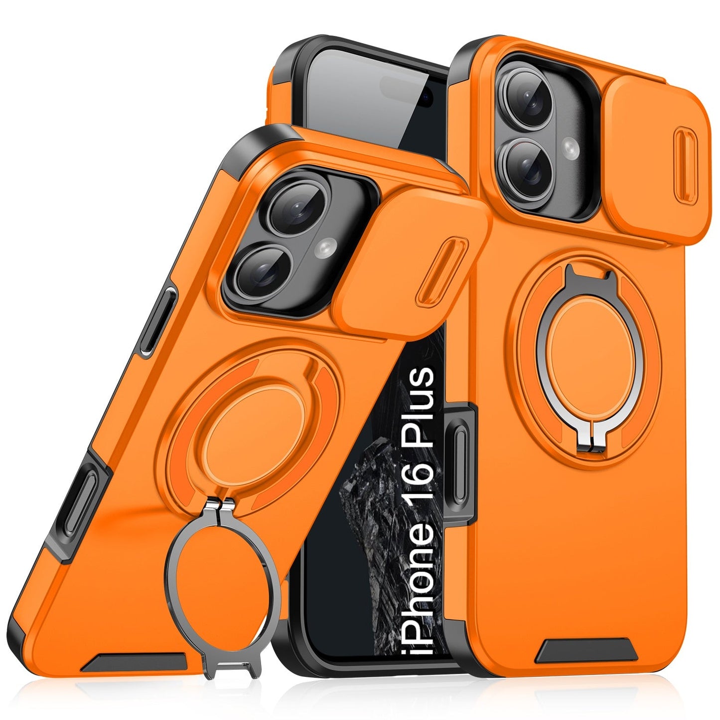 LuxuryKase Shockproof Magnetic Case with Slide Camera Cover | 360° Rotating Ring Kickstand | Mag-Safe Compatible | Rugged Armor Protection For iPhone Series