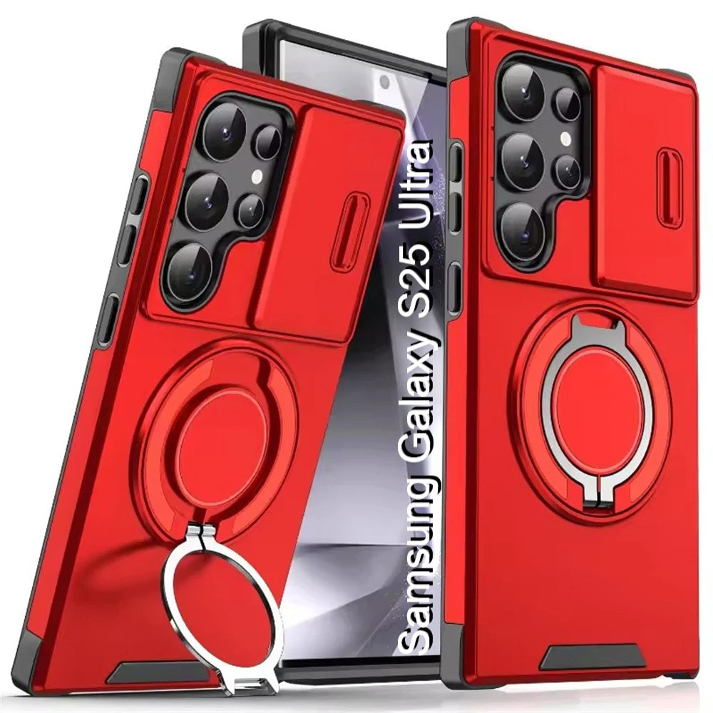LuxuryKase Shockproof Magnetic Case with Slide Camera Cover | 360° Rotating Ring Kickstand | Mag-Safe Compatible | Rugged Armor Protection For Samsung Series