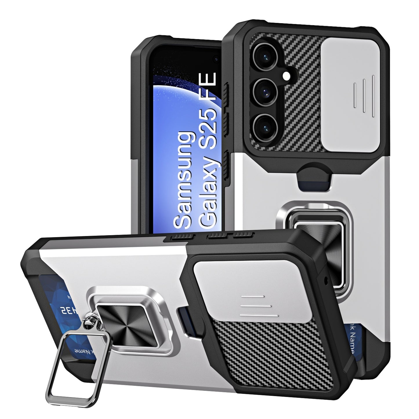 LuxuryKase Shockproof Armor Case | Slide Camera Cover | Hidden Card Slot | Rotating Ring Kickstand | Magnetic Car Mount Support | Military Grade Protection For iPhone & Samsung