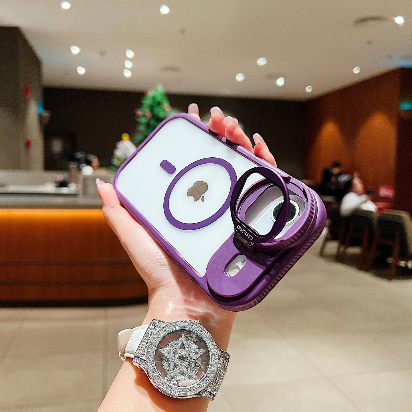 LuxuryKase Magnetic Transparent Back Case | Shockproof Hard PC Bumper Cover with Camera Lens Guard Kickstand | Mag-Safe Support For iPhone