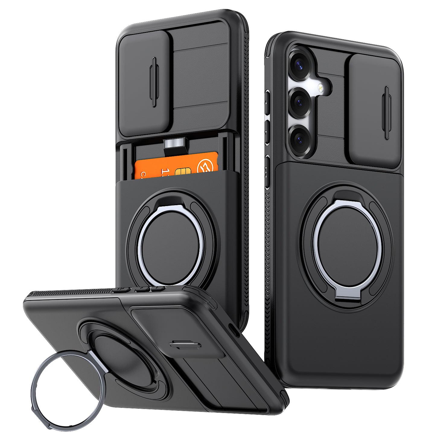 LuxuryKase Magnetic Card Holder Back Cover | Slide Camera Cover Protection | 360° Rotating & 120° Adjustable Kickstand | Shockproof Hard PC Back + Soft TPU Bumper For iPhone & Samsung Series
