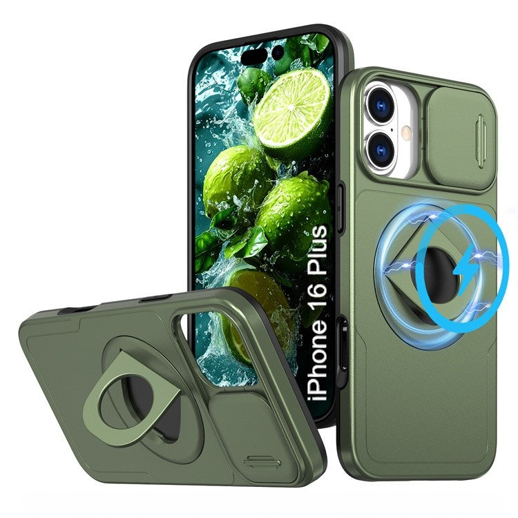 LuxuryKase Mag-Safe Shockproof Rugged Back Case with Finger Ring Kickstand & Sliding Camera Cover | Military Drop Protection | Wireless Charging Support For iPhone Series