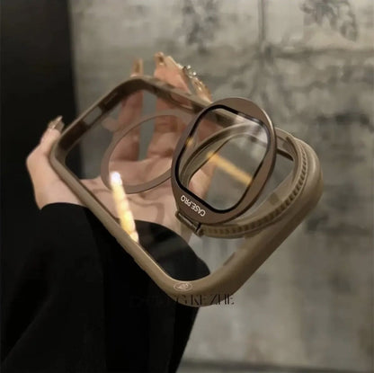 LuxuryKase Magnetic Transparent Back Case | Shockproof Hard PC Bumper Cover with Camera Lens Guard Kickstand | Mag-Safe Support For iPhone