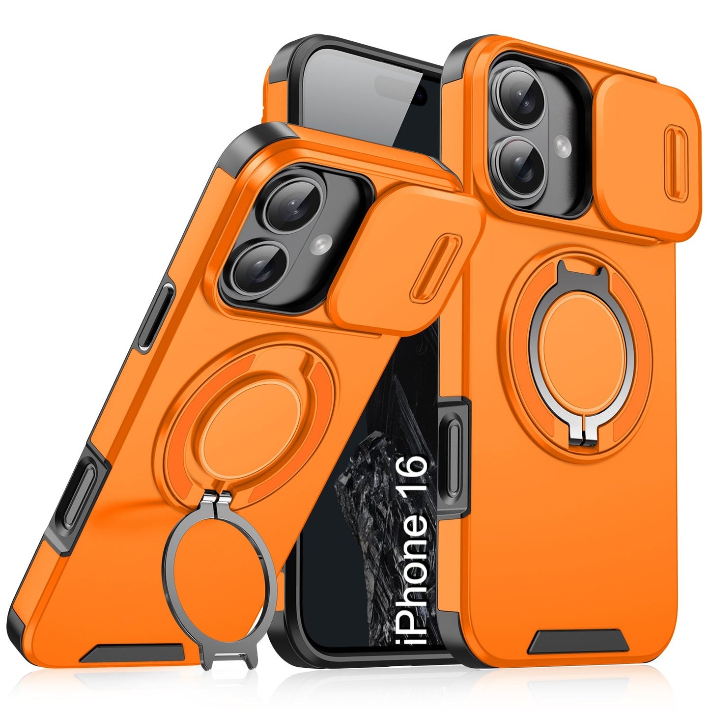 LuxuryKase Shockproof Magnetic Case with Slide Camera Cover | 360° Rotating Ring Kickstand | Mag-Safe Compatible | Rugged Armor Protection For iPhone Series