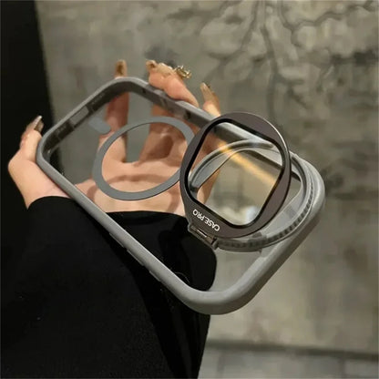 LuxuryKase Magnetic Transparent Back Case | Shockproof Hard PC Bumper Cover with Camera Lens Guard Kickstand | Mag-Safe Support For iPhone 13 & 14 Series