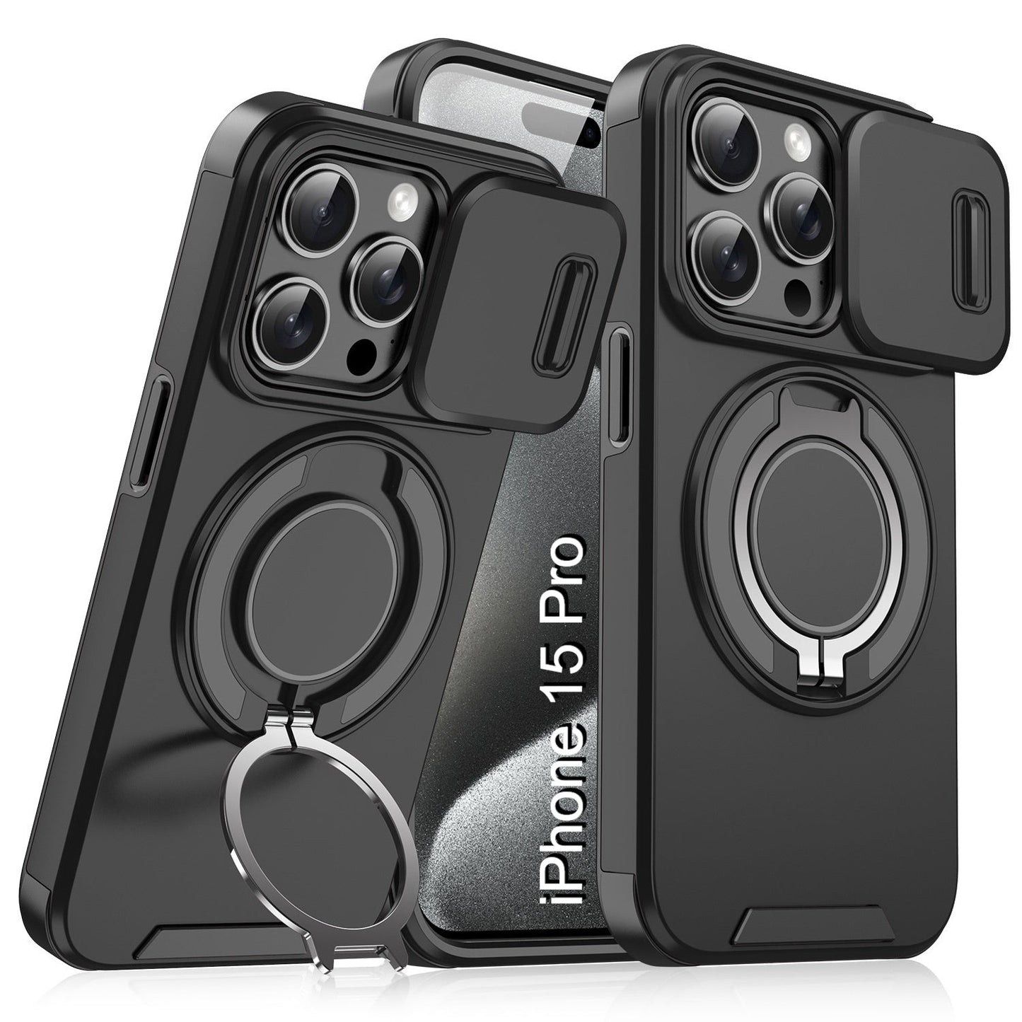 LuxuryKase Shockproof Magnetic Case with Slide Camera Cover | 360° Rotating Ring Kickstand | Mag-Safe Compatible | Rugged Armor Protection For iPhone Series