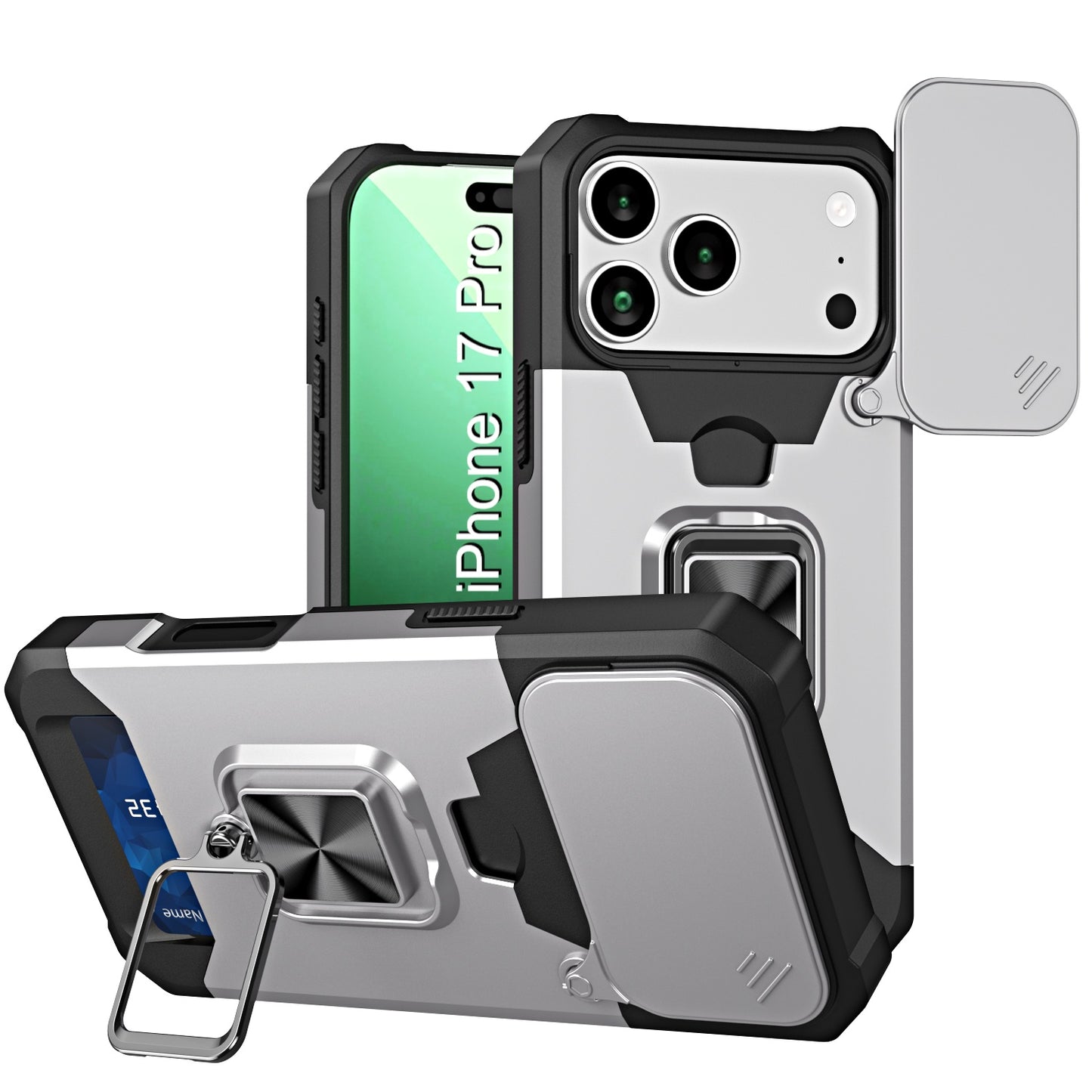 LuxuryKase Shockproof Armor Case | Slide Camera Cover | Hidden Card Slot | Rotating Ring Kickstand | Magnetic Car Mount Support | Military Grade Protection For iPhone & Samsung