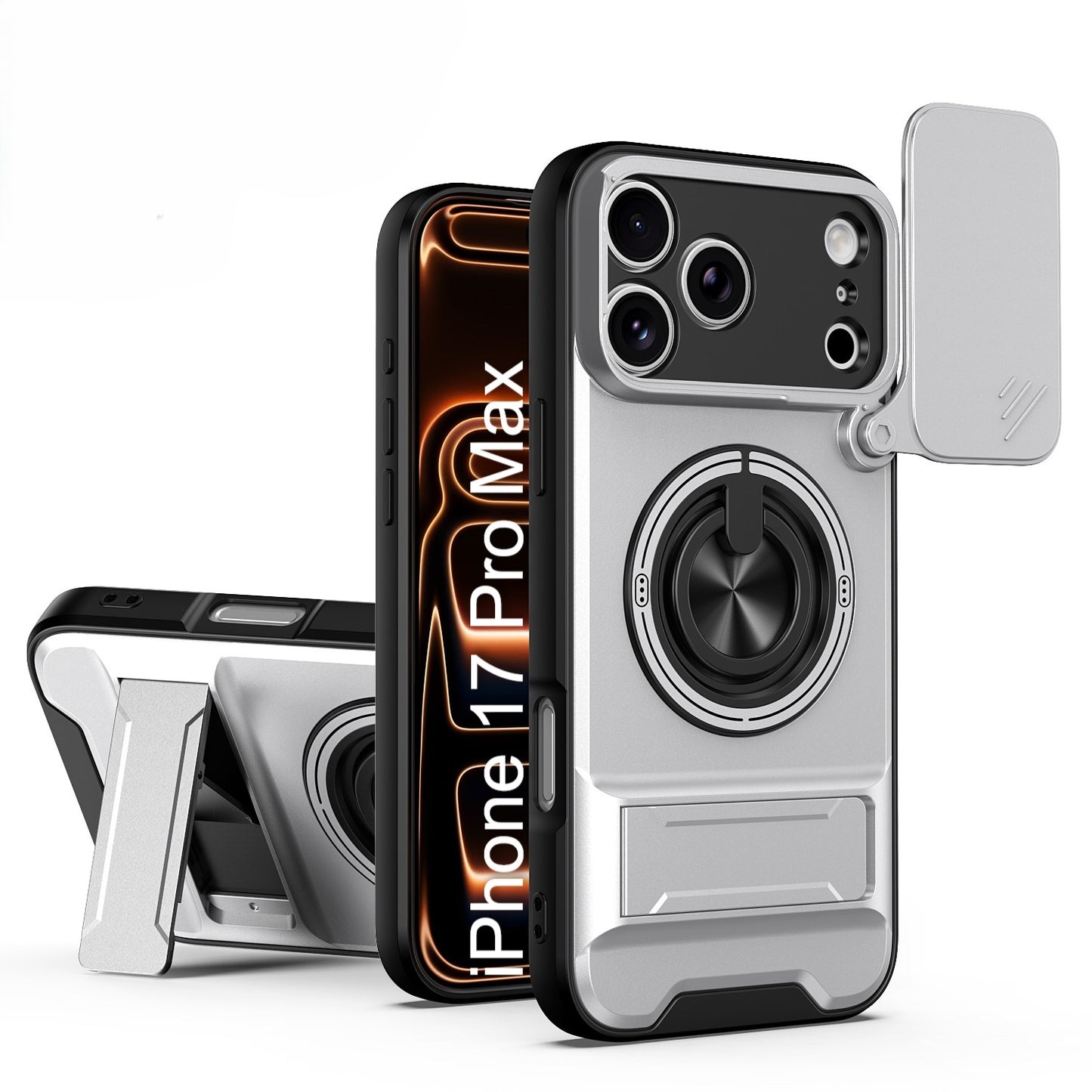LuxuryKase Magnetic Armour Case | MagSafe Compatible | Sliding Camera Cover | 360° Finger Ring Holder | Built-In Bracket Stand | Hard PC Back & Soft TPU Bumper For iPhone & Samsung Series