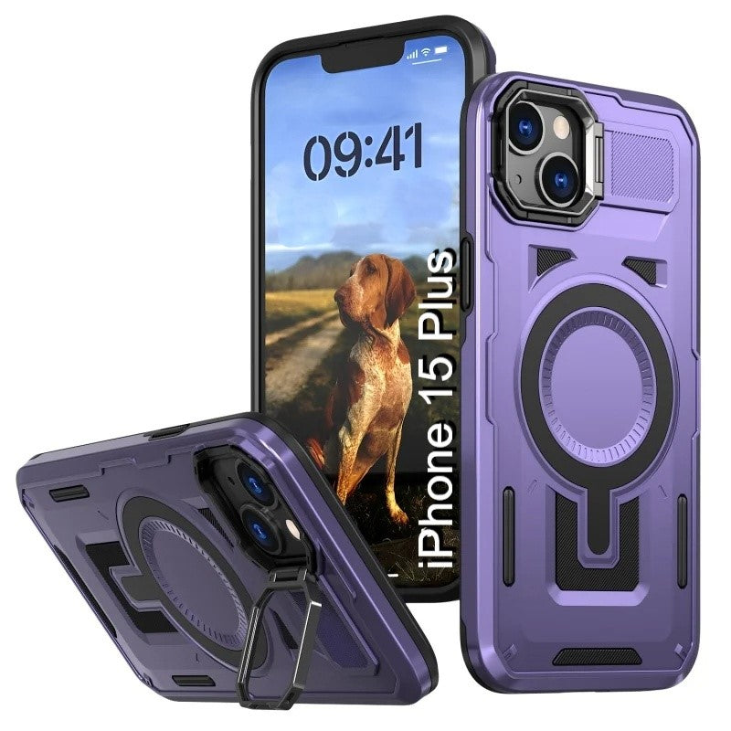 LuxuryKase Rugged Shockproof Magnetic Case with Kickstand | Dual Layer TPU+PC Protection | Mag-Safe Compatible | Camera Guard | Extreme Drop Resistance For iPhone Series
