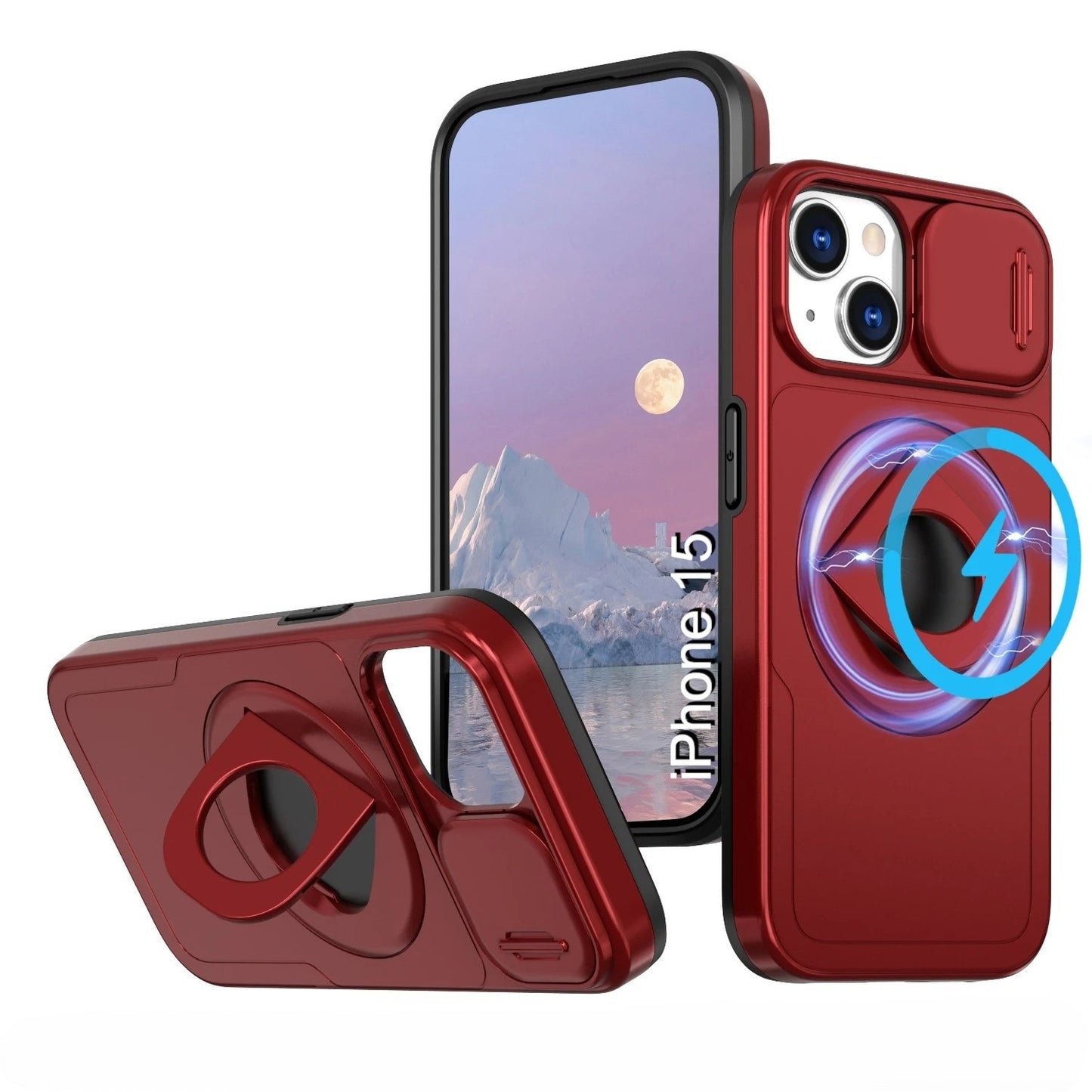 LuxuryKase Mag-Safe Shockproof Rugged Back Case with Finger Ring Kickstand & Sliding Camera Cover | Military Drop Protection | Wireless Charging Support For iPhone Series